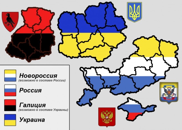 Novorossiya and Crimea (South/East), Malorossia and Galicia (North/West).