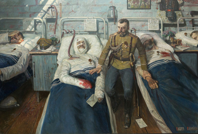 Nicholas II attends to his men in a field hospital. Painting by Pavel Ryzhenko.